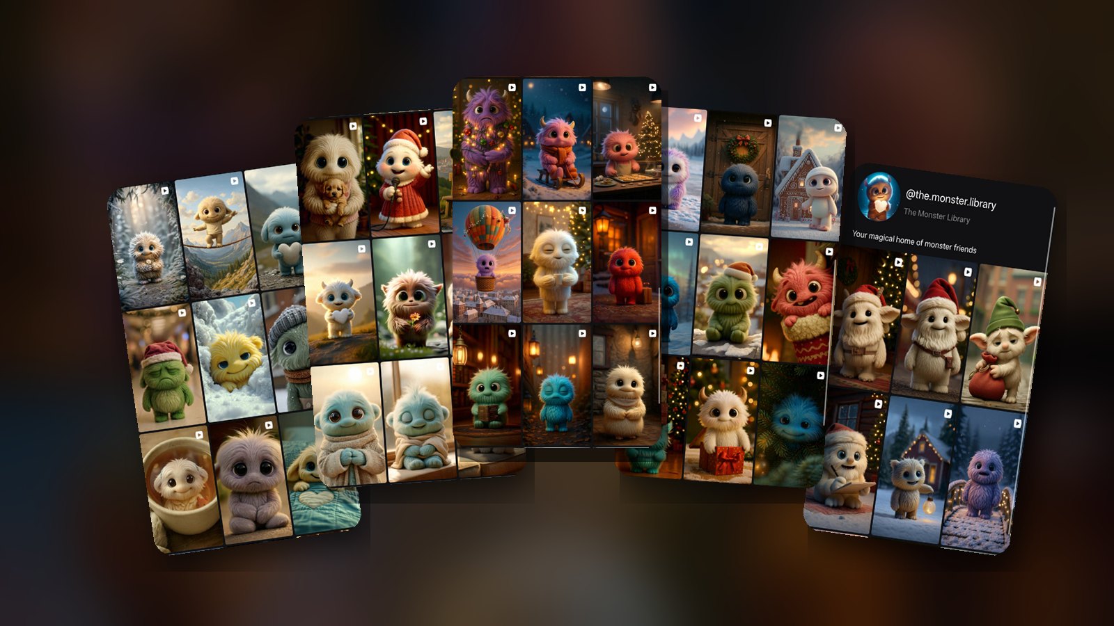 Fanned phone screenshots of holiday monster character posts on @the.monster.library