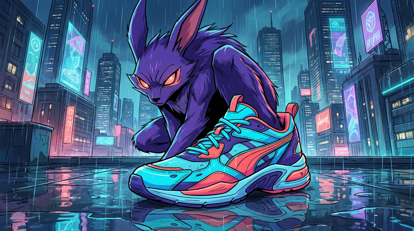 A purple neon anime creature crouched over a glowing sneaker in a rainy city