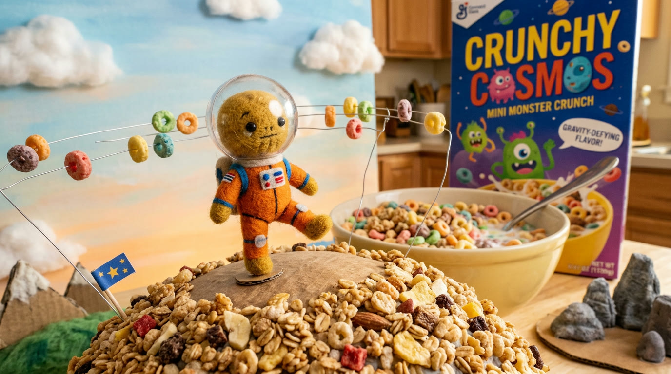 A felted astronaut character on a granola mountain beside a cereal box