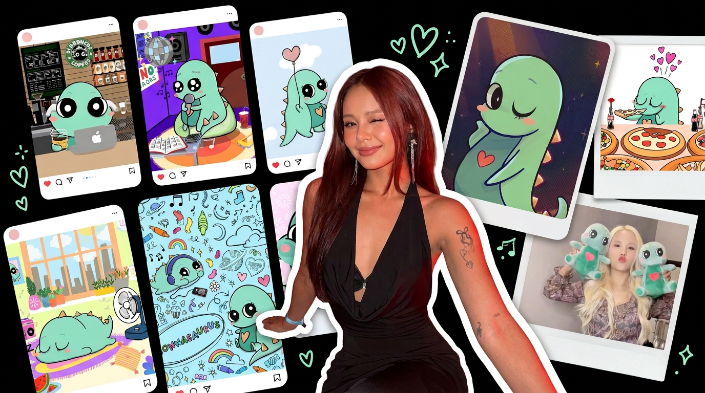 SORN cut out over a collage of Chonnasaurus social posts and plush photos